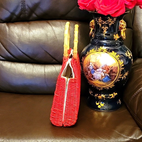 Zara Rattan City Bag Round Handles Fake Bamboo Removable Chain Crossbody Red - Picture 3 of 11